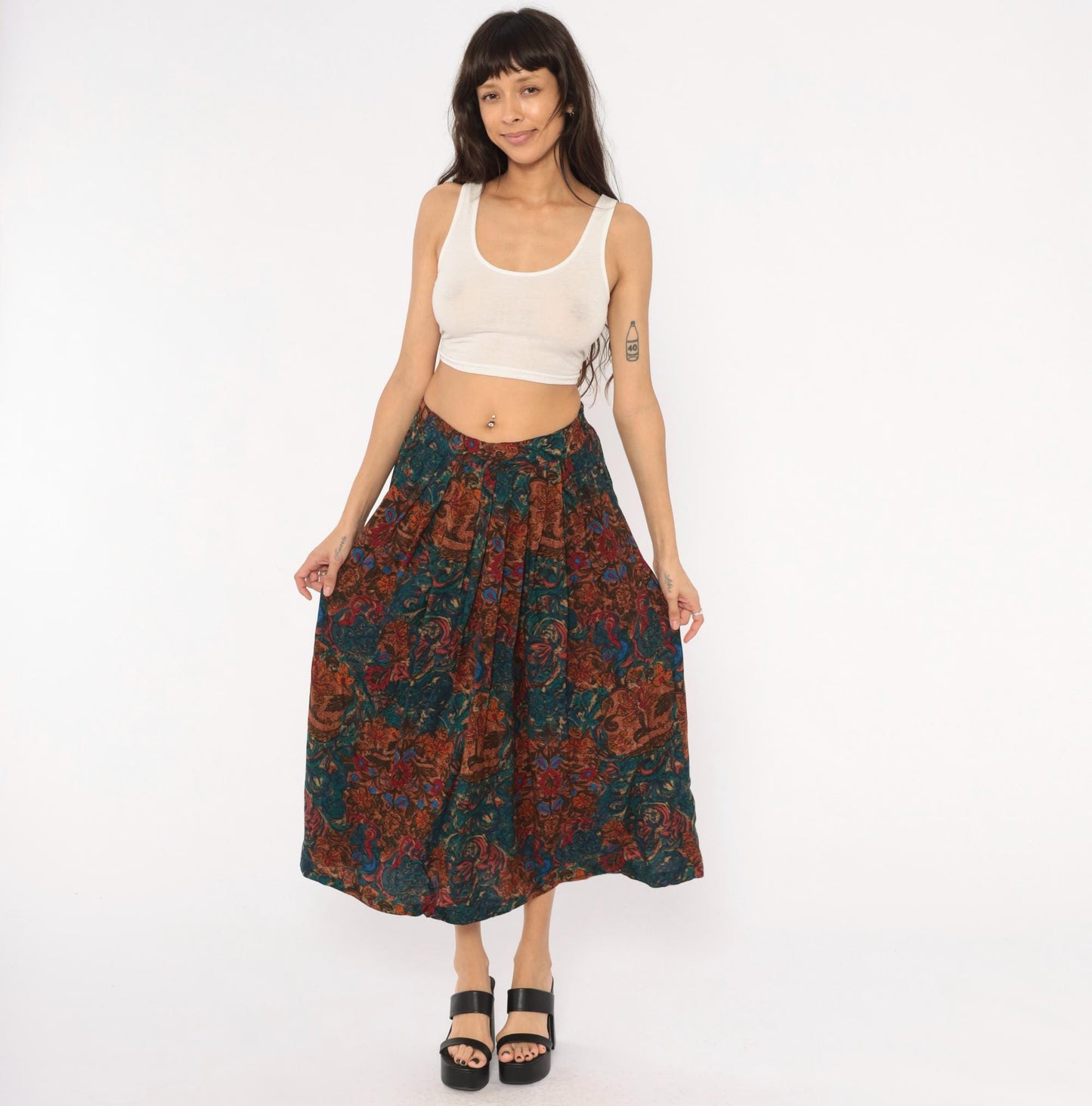 80s Ambiance New York Paisley Pleated Midi Skirt Teal Rust Small