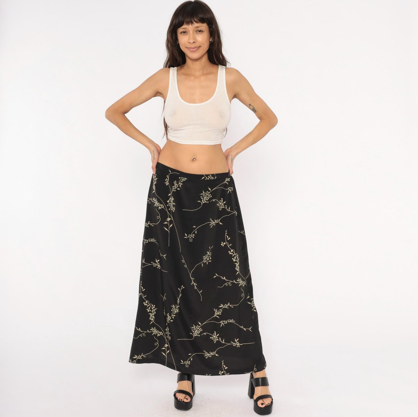 90s Studio C Cherry Blossom Maxi Skirt Black Tan Floral Elastic Waist Extra Large
