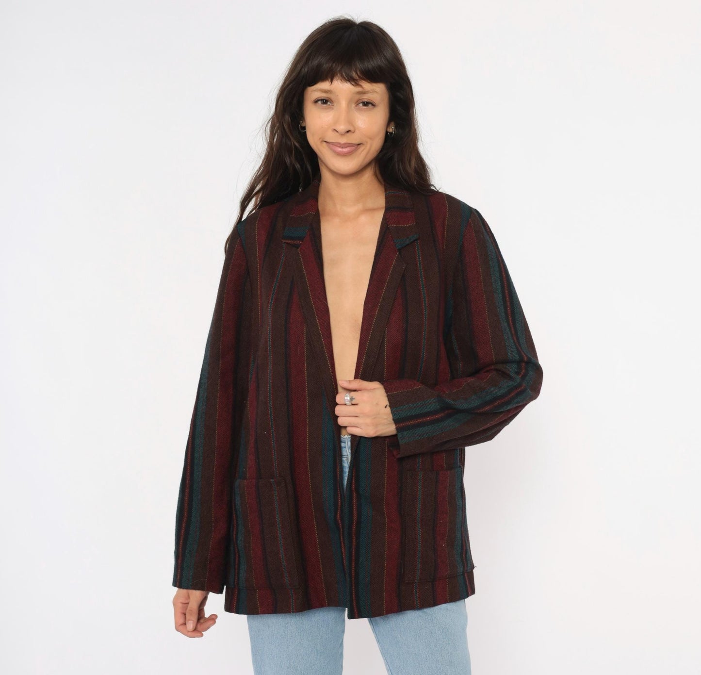 80s Koret Wool Blazer Burgundy Teal Striped Herringbone Notched Lapel Medium Large