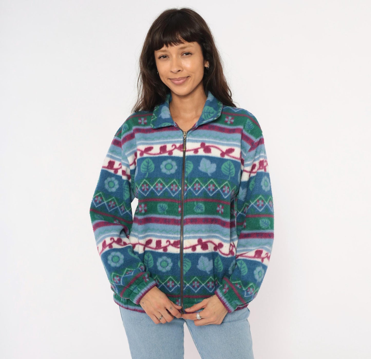 90s Teddi Floral Fleece Jacket Teal Burgundy Leaf Print Zip-Up Medium