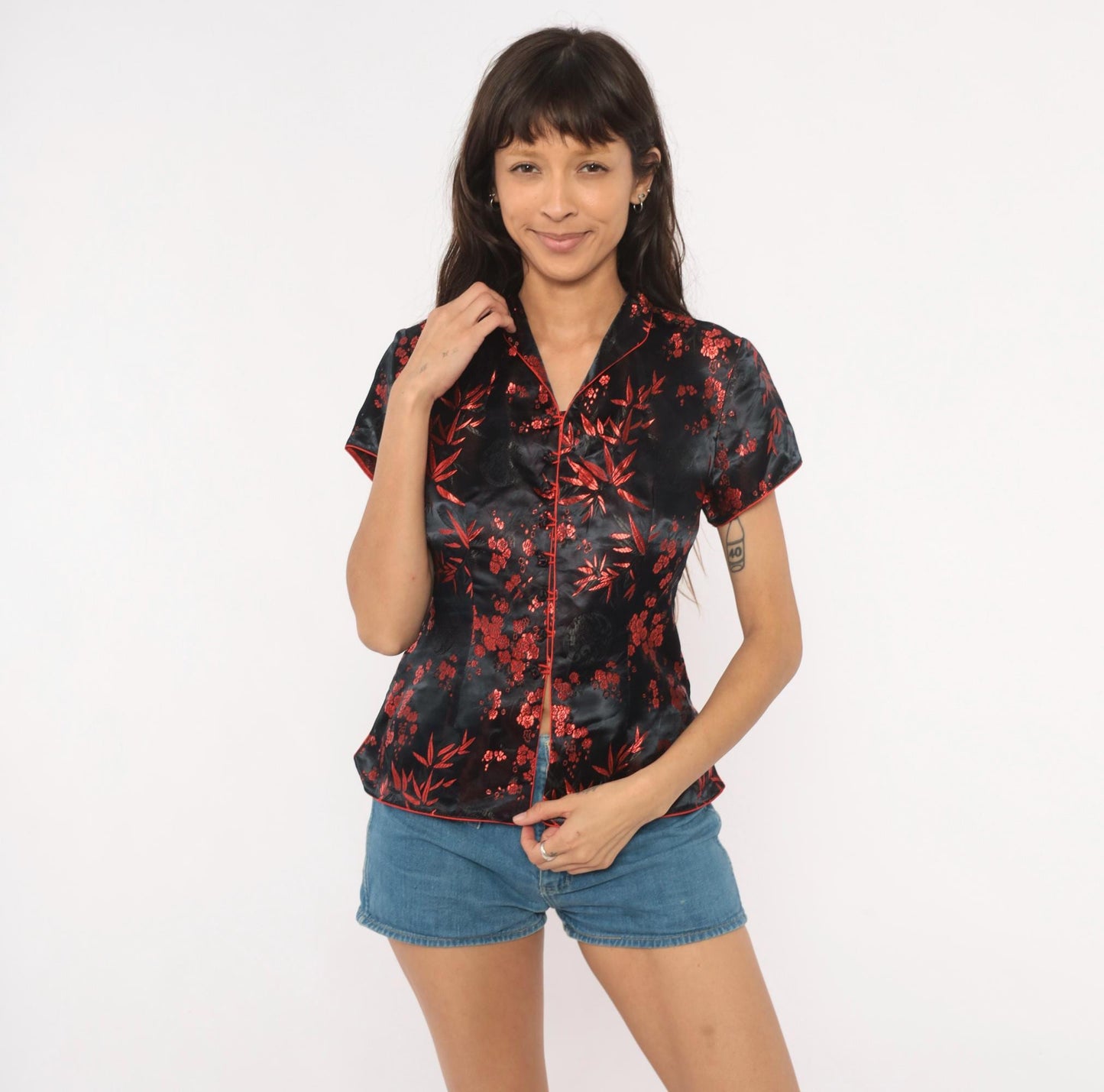2000s Black Red Silk Cheongsam Top Mandarin Collar Brocade Medium M
