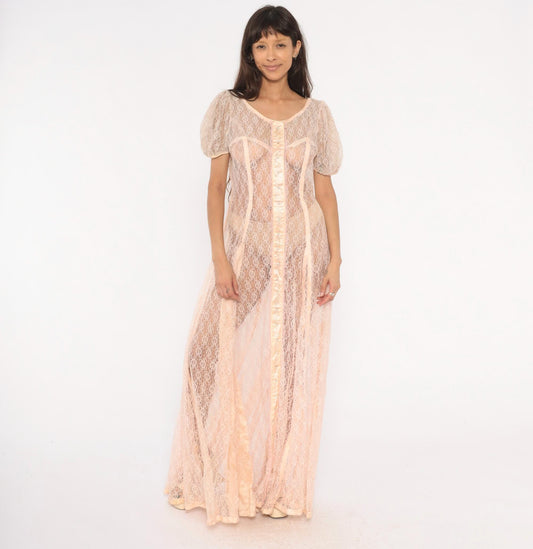 1950s Blush Pink Sheer Lace Maxi Gown Puff Sleeve Corset Bodice Large L