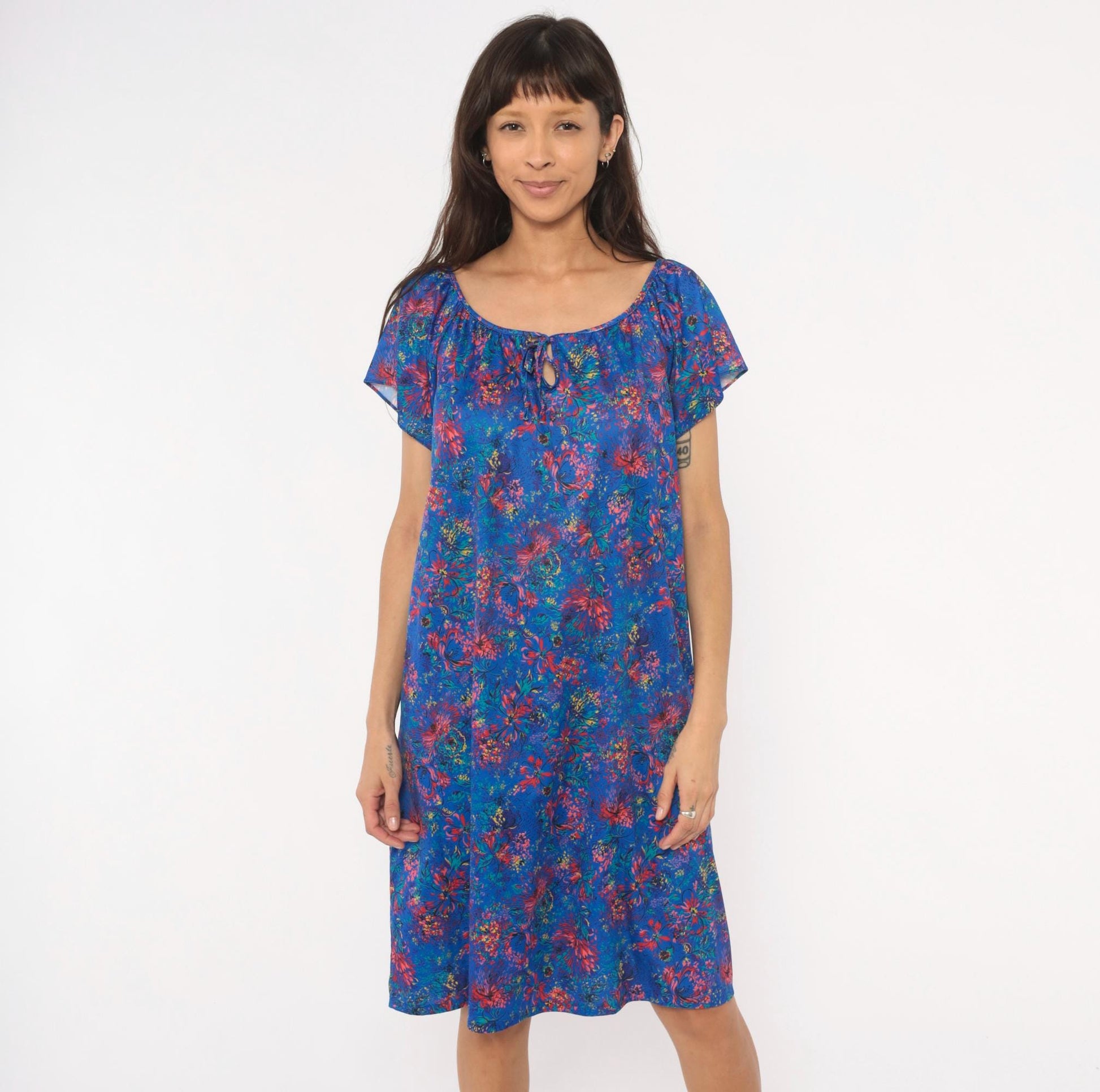 70s Improved Living Floral Shift Dress Cobalt Blue Knee-Length XL