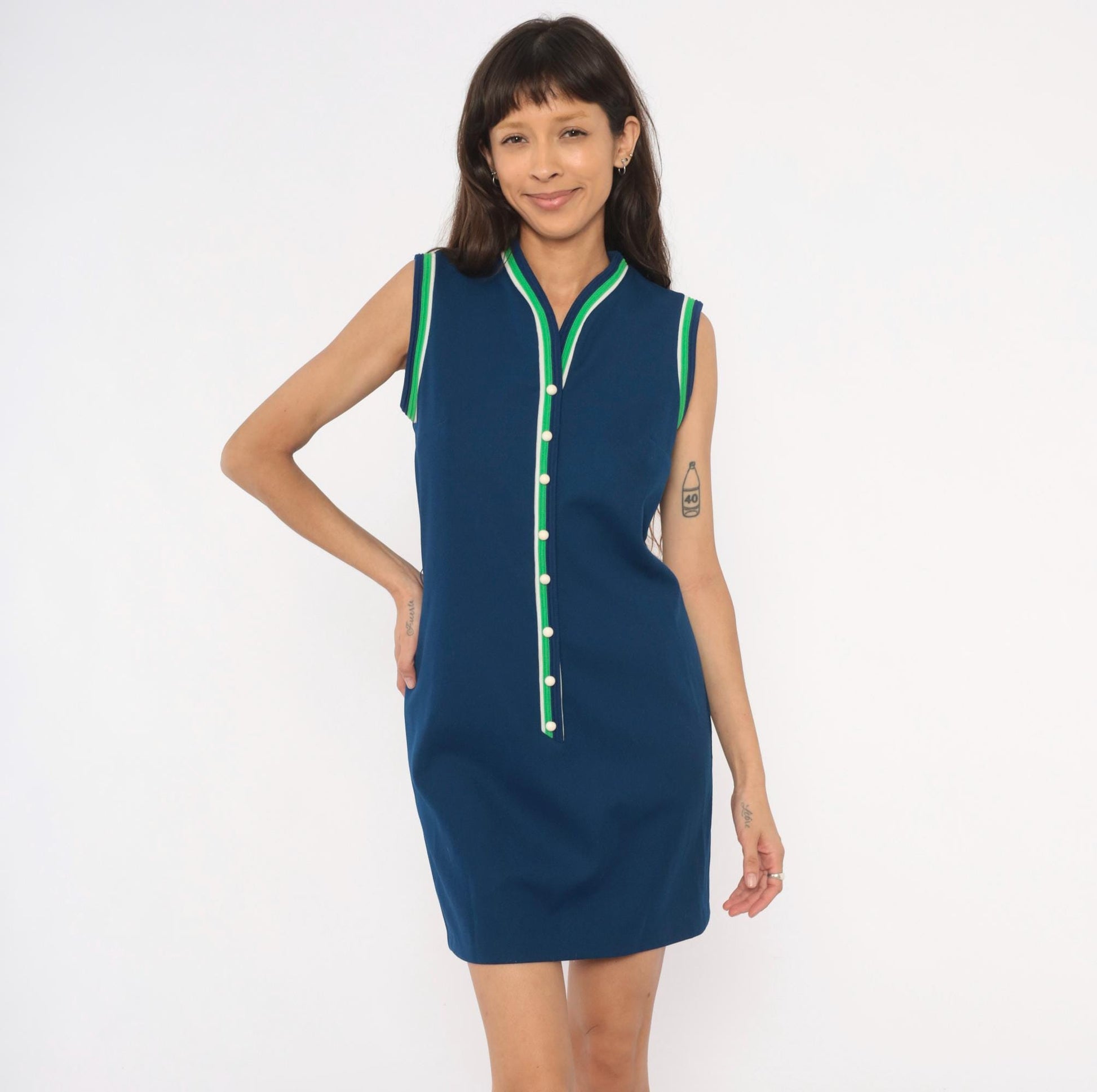 70s Toni Todd Navy Shift Dress Sleeveless V-Neck Striped Trim Small