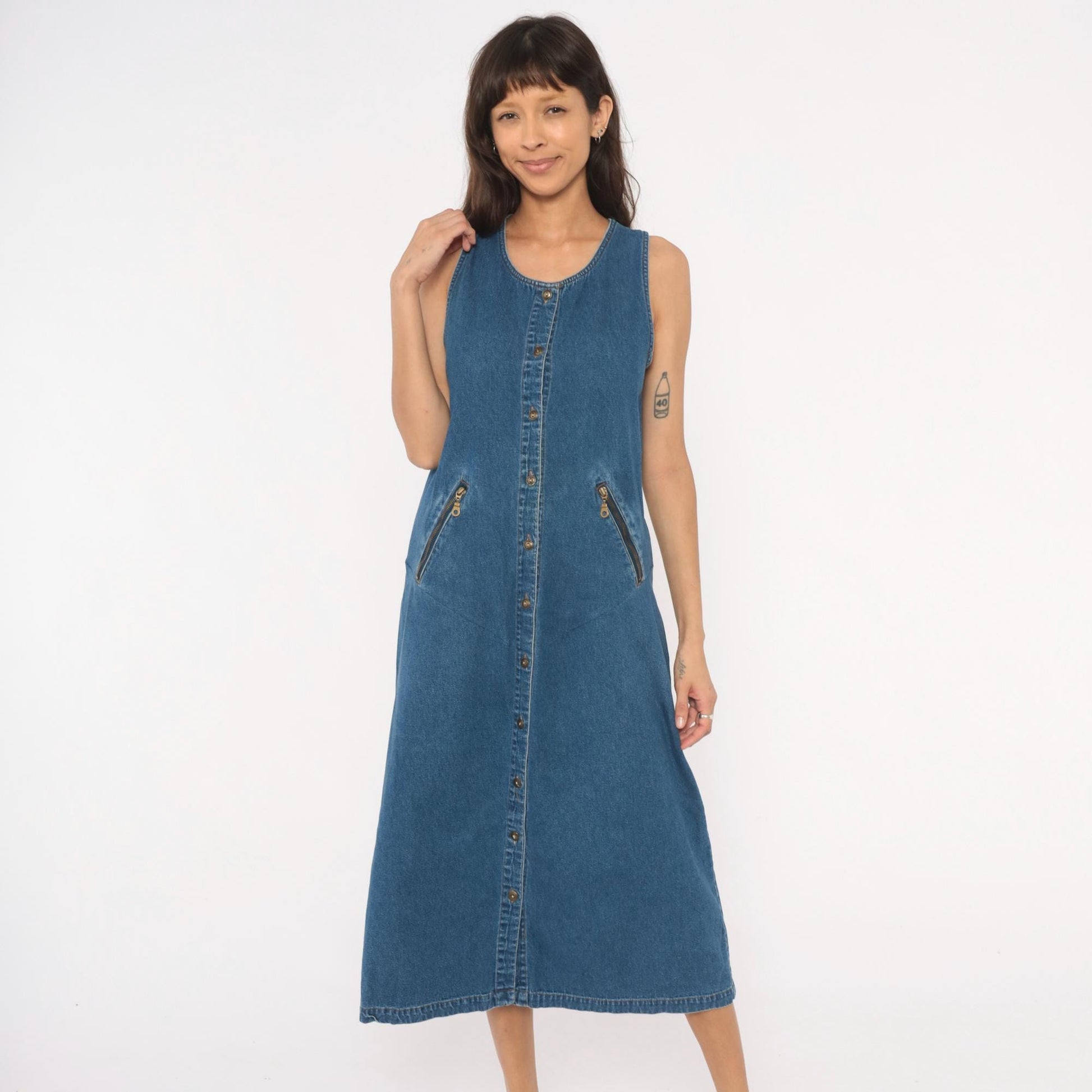 90s Original Ty2 Denim Jumper Dress Midi Button Front Cotton Navy Extra Small