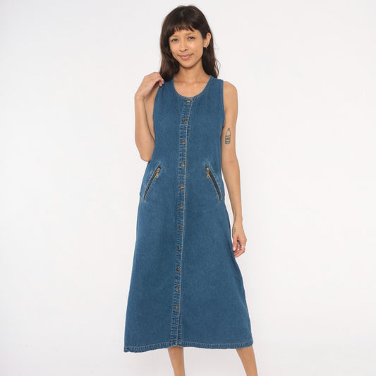 90s Original Ty2 Denim Jumper Dress Midi Button Front Cotton Navy Extra Small
