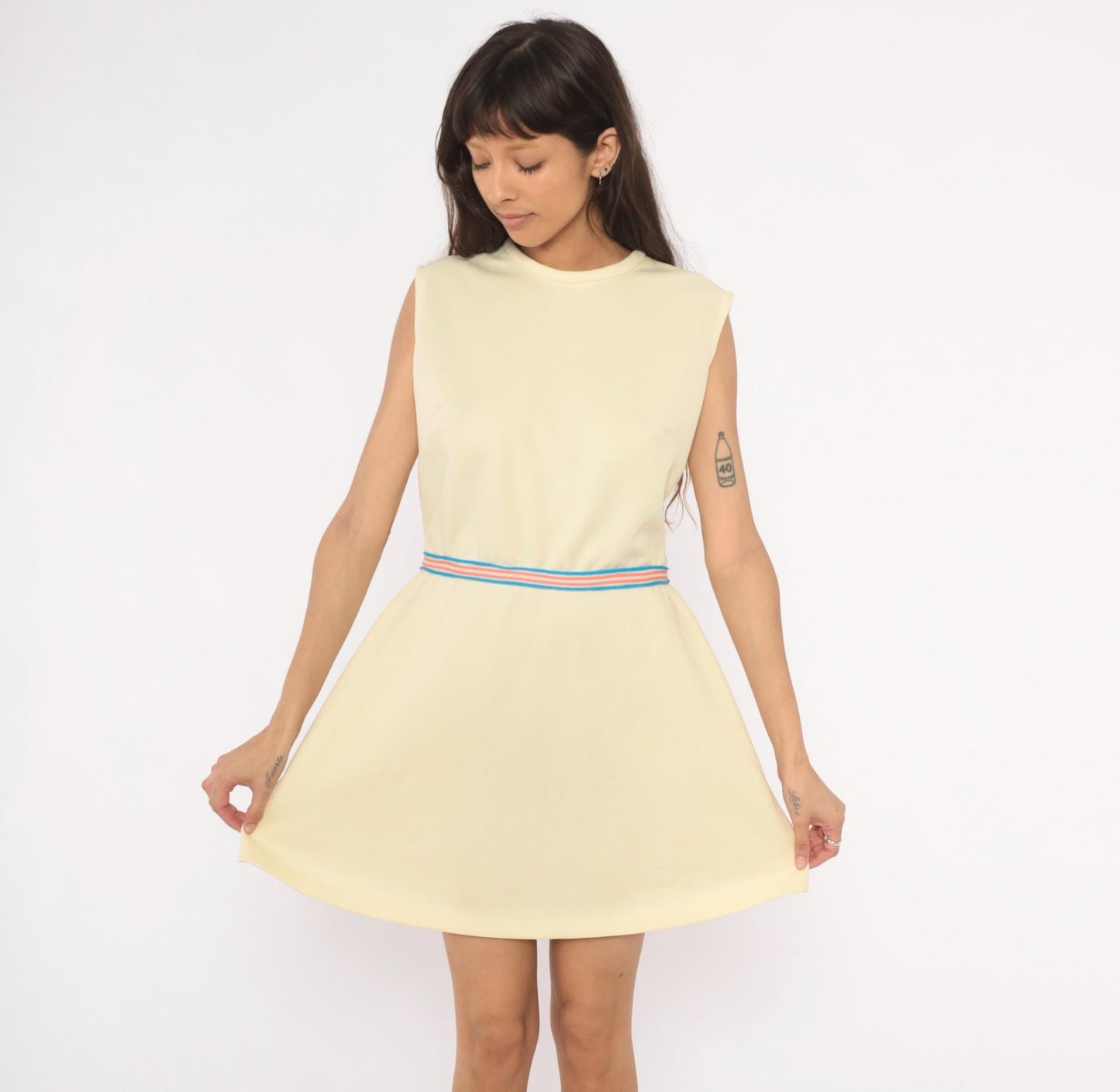 70s Cream Sleeveless Mini Dress Striped Waistband Tennis Style Shift Large L
