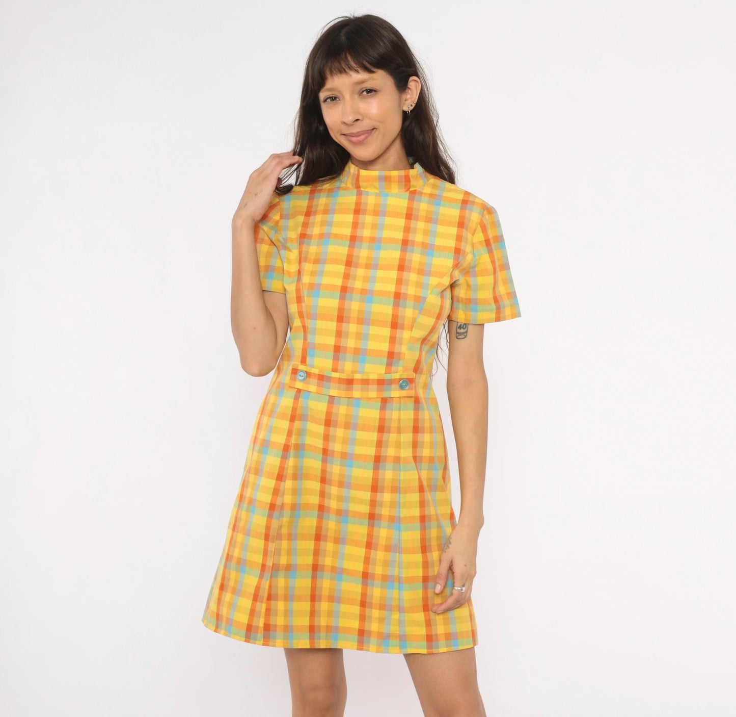 60s Plaid Mini Dress Yellow Orange Blue Check Mock Neck Cotton Small