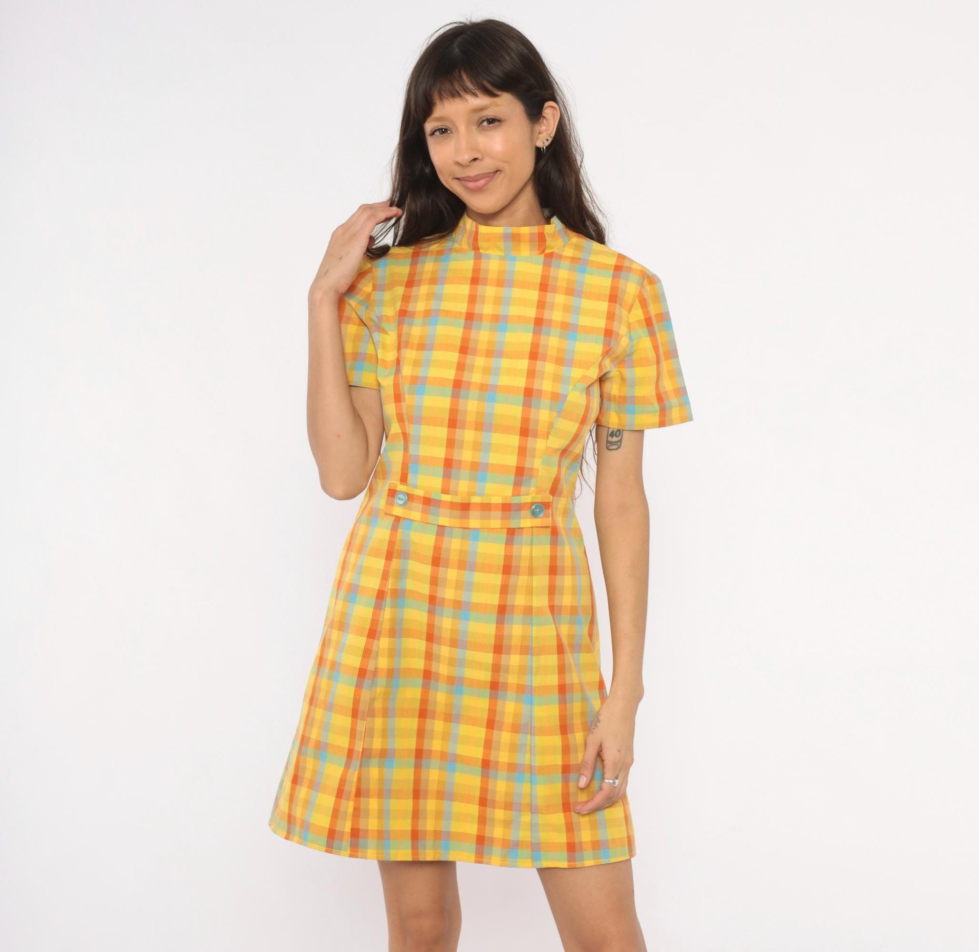 60s Plaid Mini Dress Yellow Orange Blue Check Mock Neck Cotton Small