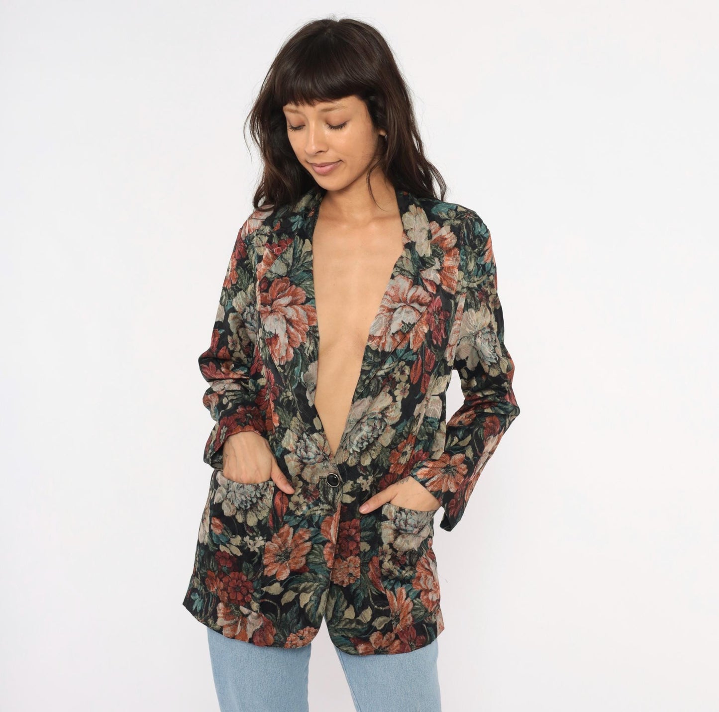 90s Laura Tyler Floral Blazer Black Botanical Jacquard Medium M