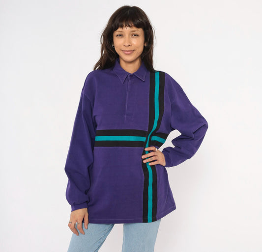90s Billion Bay Rugby Polo Purple Teal Black Stripe Colorblock Medium