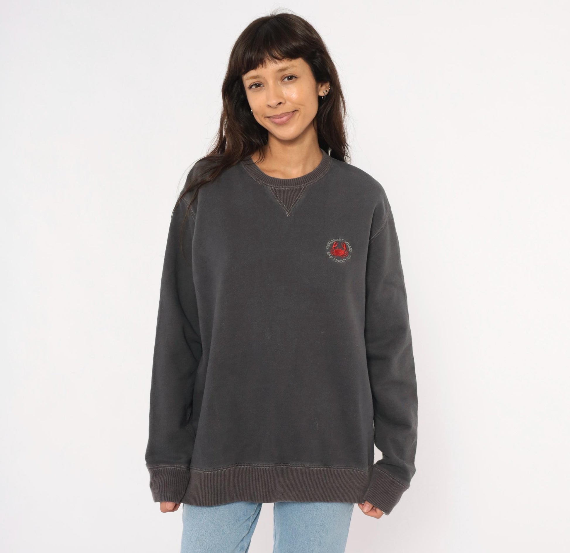 90s Crazy Shirts Fisherman's Wharf San Francisco Crab Embroidered Sweatshirt Charcoal Grey Medium M