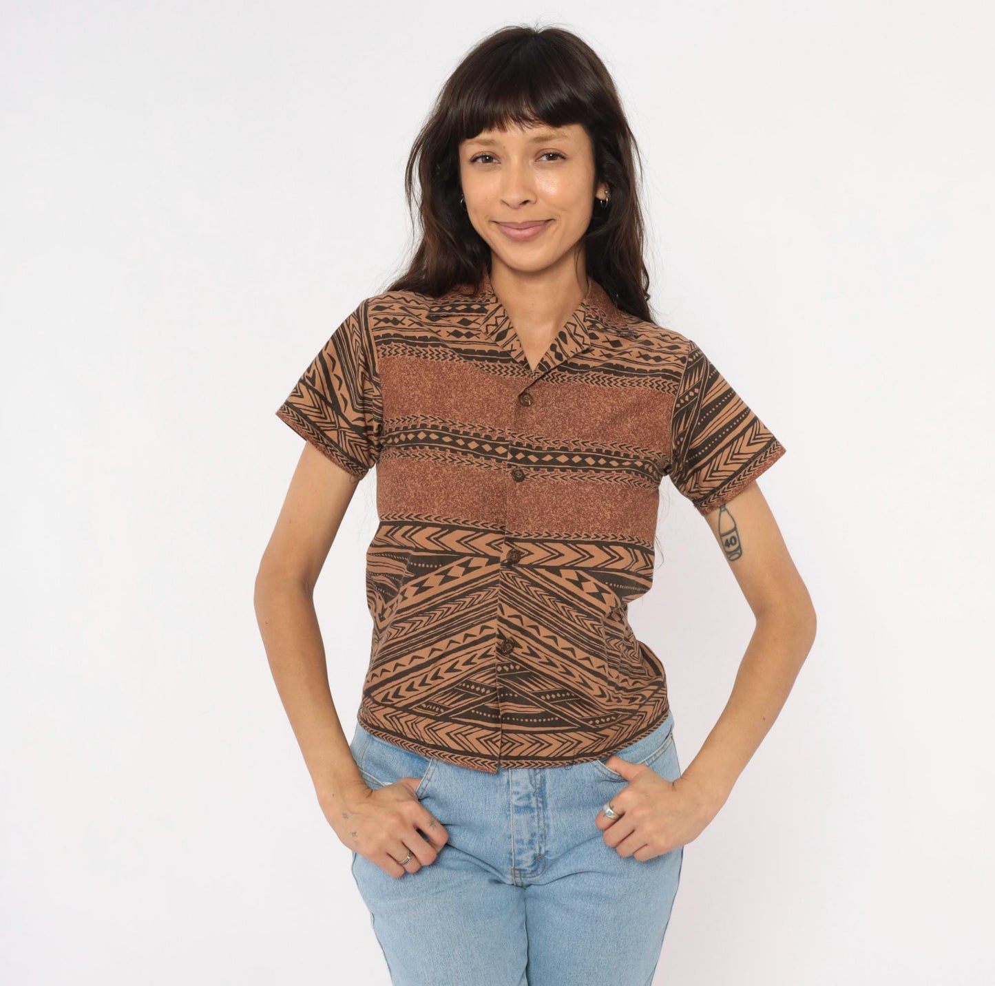 90s Tribal Print Button Camp Collar Shirt Brown Black Geometric XXS