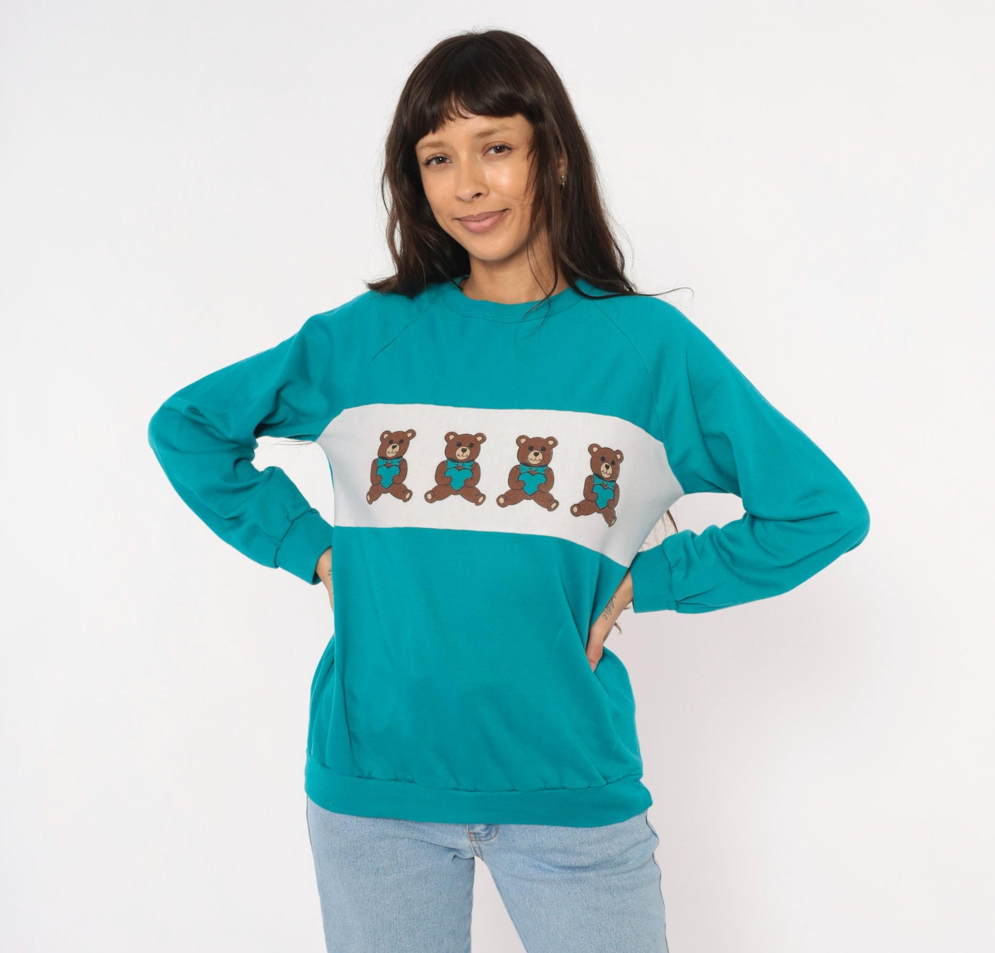 90s Teddy Bear Teal Crewneck Sweatshirt White Colorblock Raglan Medium