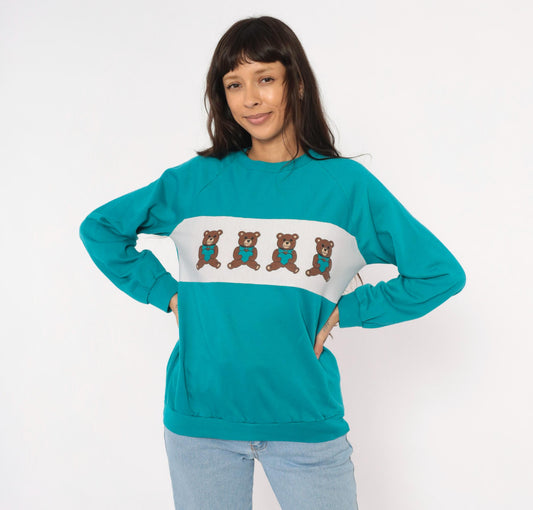 90s Teddy Bear Teal Crewneck Sweatshirt White Colorblock Raglan Medium