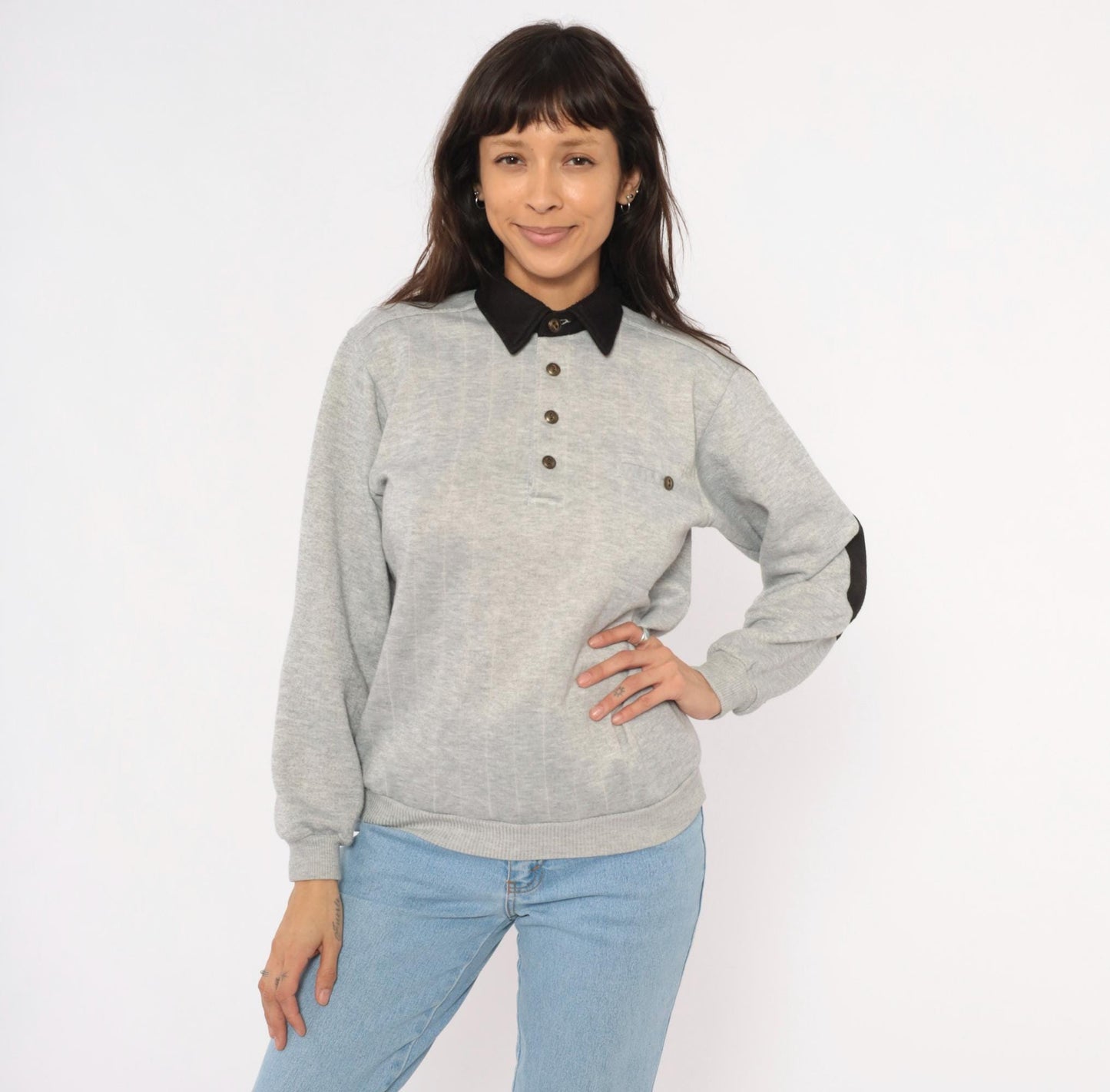 90s Scandia Woods Henley Sweatshirt Black Collar Elbow Patch Grey Small