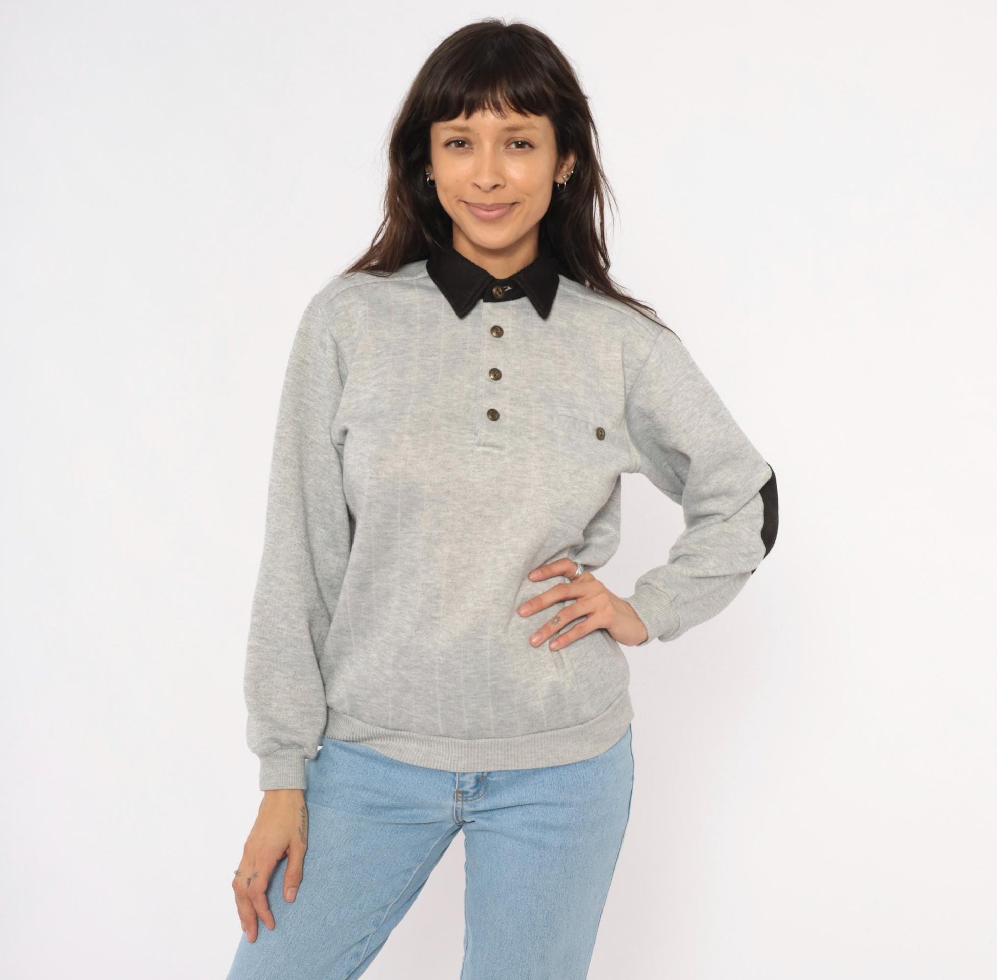 90s Scandia Woods Henley Sweatshirt Black Collar Elbow Patch Grey Small