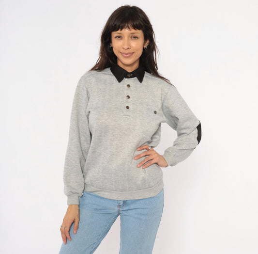 90s Scandia Woods Henley Sweatshirt Black Collar Elbow Patch Grey Small