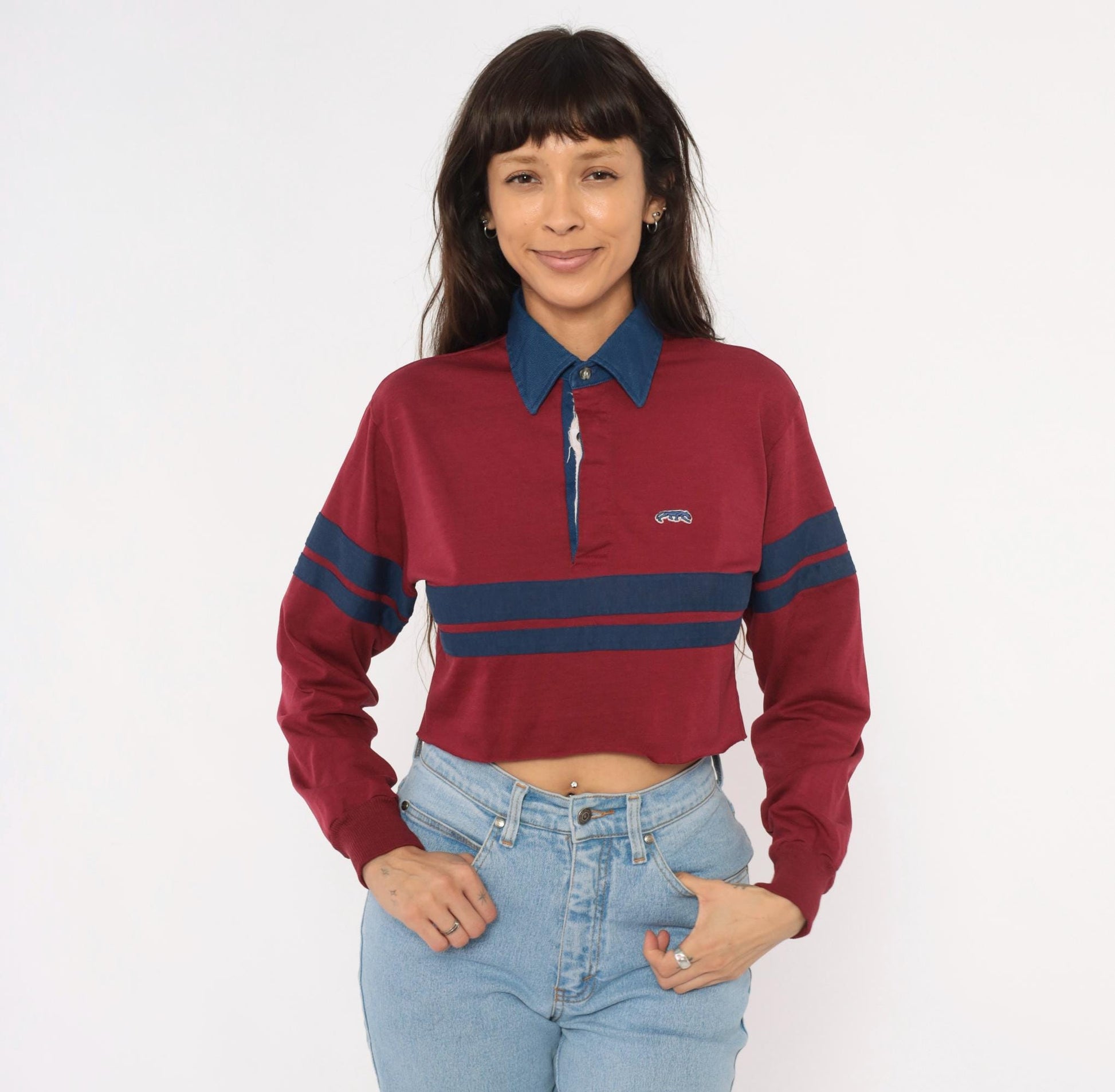 80s Burgundy Navy Stripe Cropped Rugby Polo Cotton Small Medium