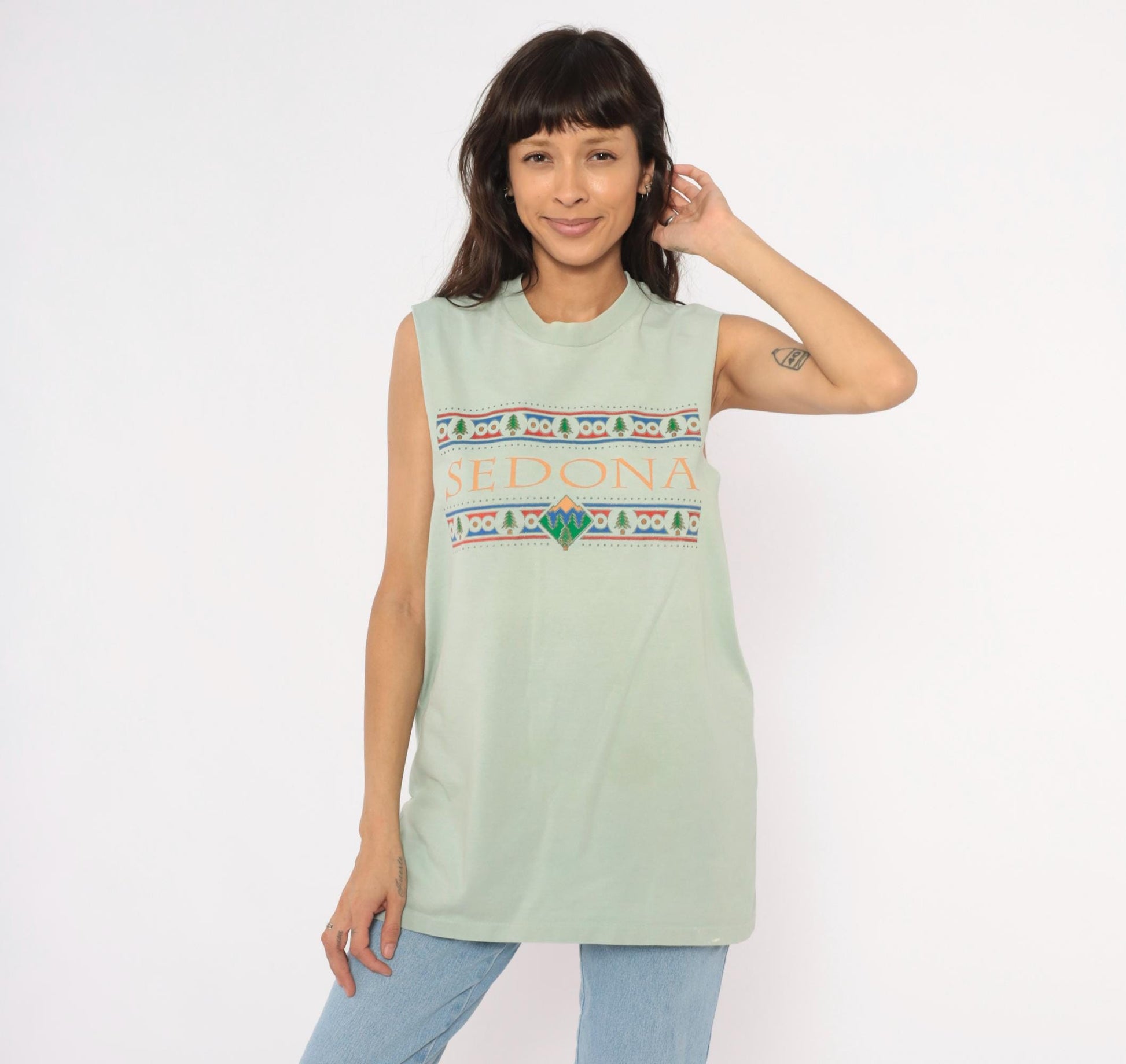 90s Anvil Sedona Arizona Sage Green Cotton Tank Top Graphic Mountain Tree Extra Large XL