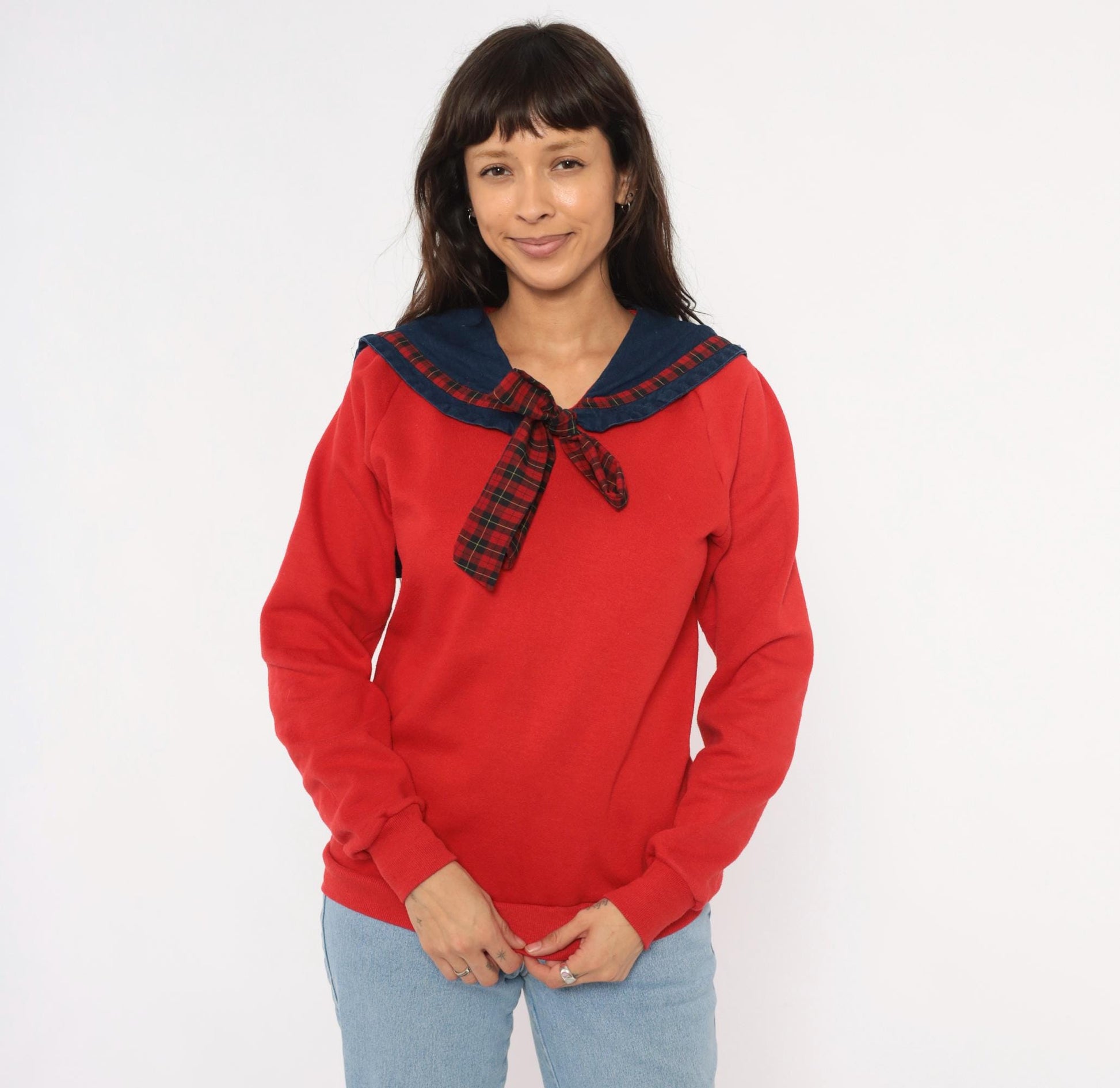 90s Jerzees Sailor Collar Sweatshirt Red Plaid Bow Denim Bib Medium M