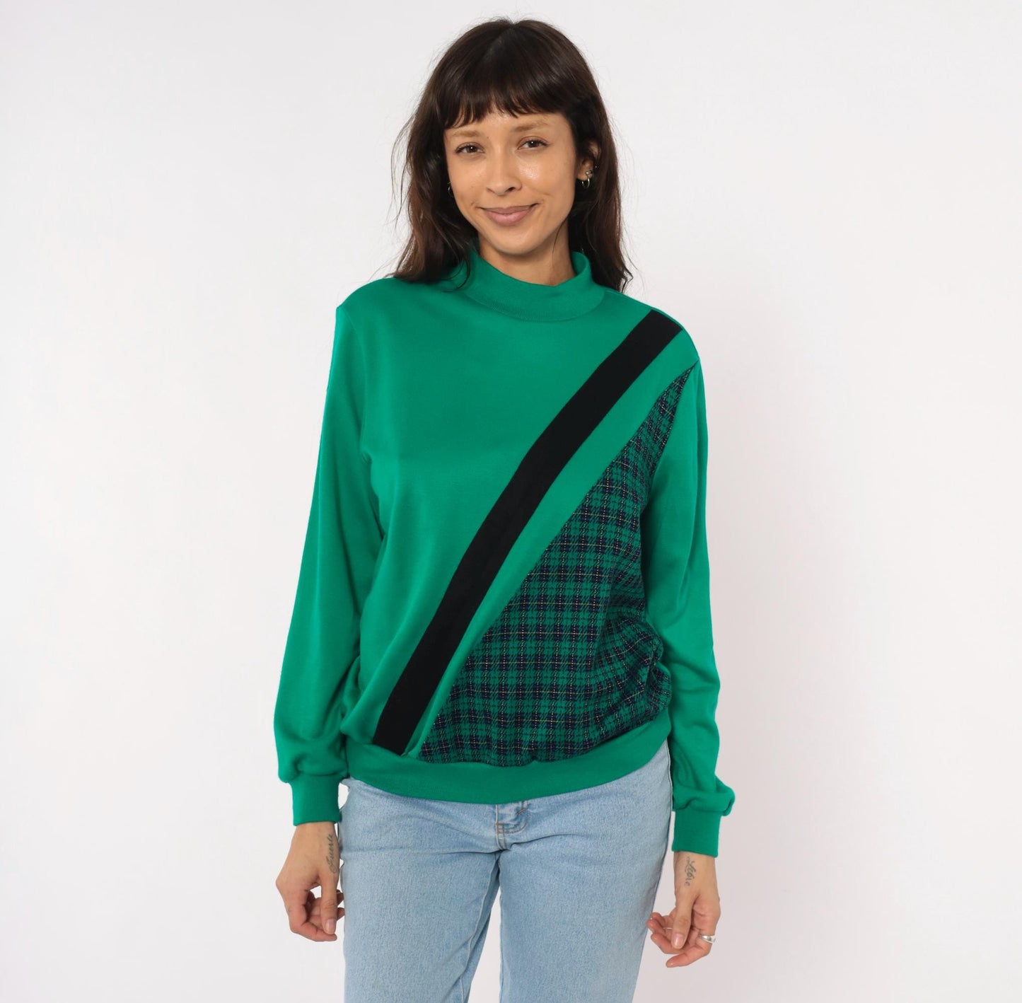 80s Alfred Dunner Mock Neck Sweatshirt Green Houndstooth Plaid Panel Small
