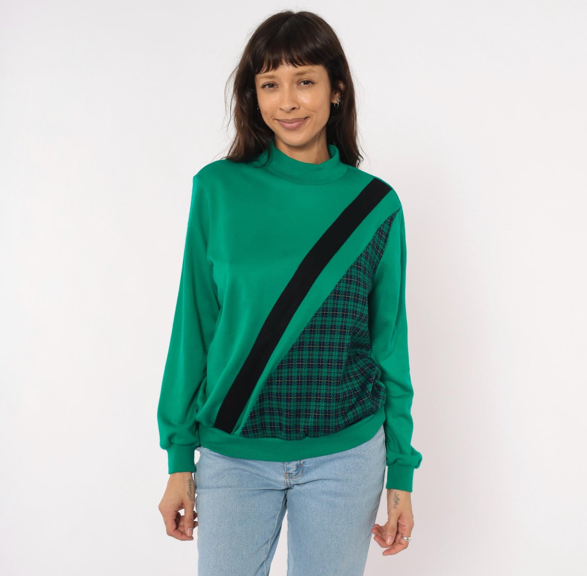 80s Alfred Dunner Mock Neck Sweatshirt Green Houndstooth Plaid Panel Small