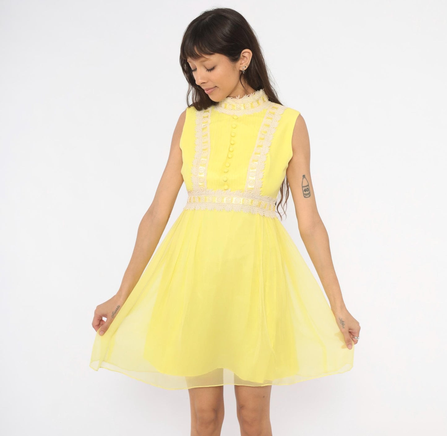 1970s Yellow Chiffon Mini Dress Lace Trim Mock Neck Pintuck Bodice Small