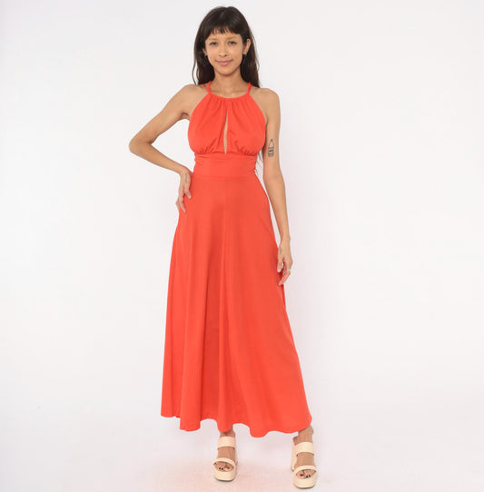 70s Misty Lane Coral Halter Maxi Dress Keyhole Neckline Extra Small XS