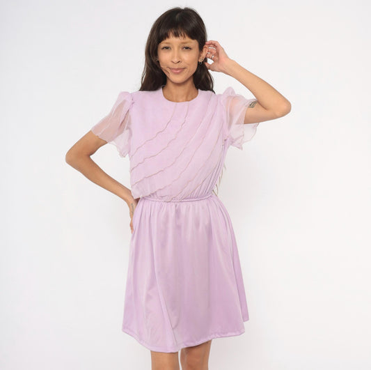 70s Lilac Chiffon Dress Flutter Sleeve Ruffle Bodice Knee-Length Small Medium