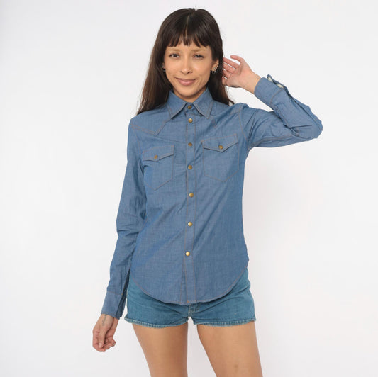 80s O'Harrow Western Chambray Shirt Pearl Snap Button Blue Cotton Small