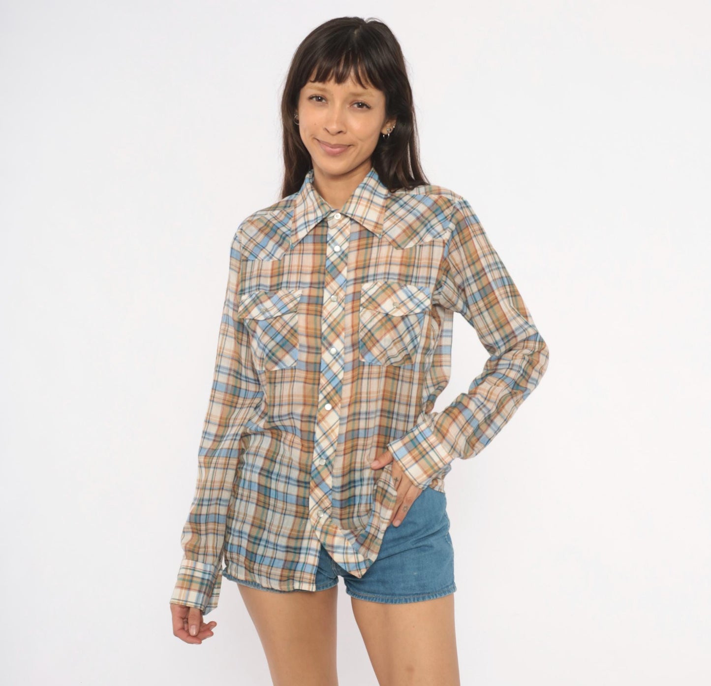80s Plaid Western Snap Button Shirt Tan Blue Cream Small