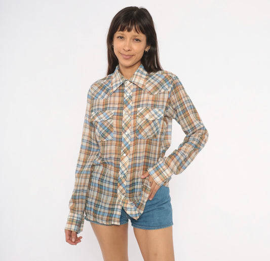 80s Plaid Western Snap Button Shirt Tan Blue Cream Small