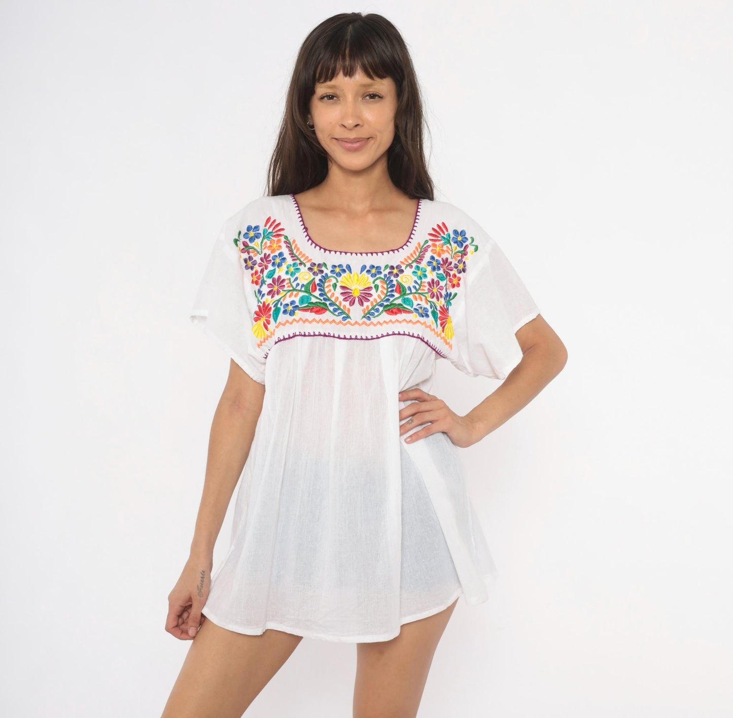 90s Mexican Embroidered Floral Blouse White Cotton Scoop Neck Large