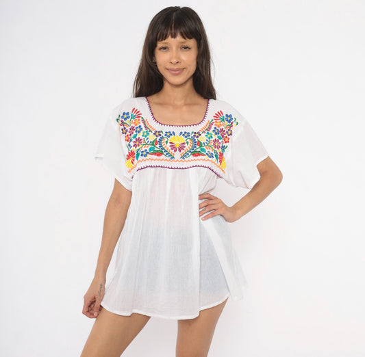 90s Mexican Embroidered Floral Blouse White Cotton Scoop Neck Large
