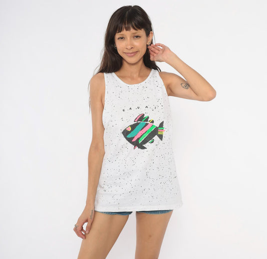 90s Oneita Kauai Fish Tank Top White Splatter Paint Neon Graphic Cotton Large L
