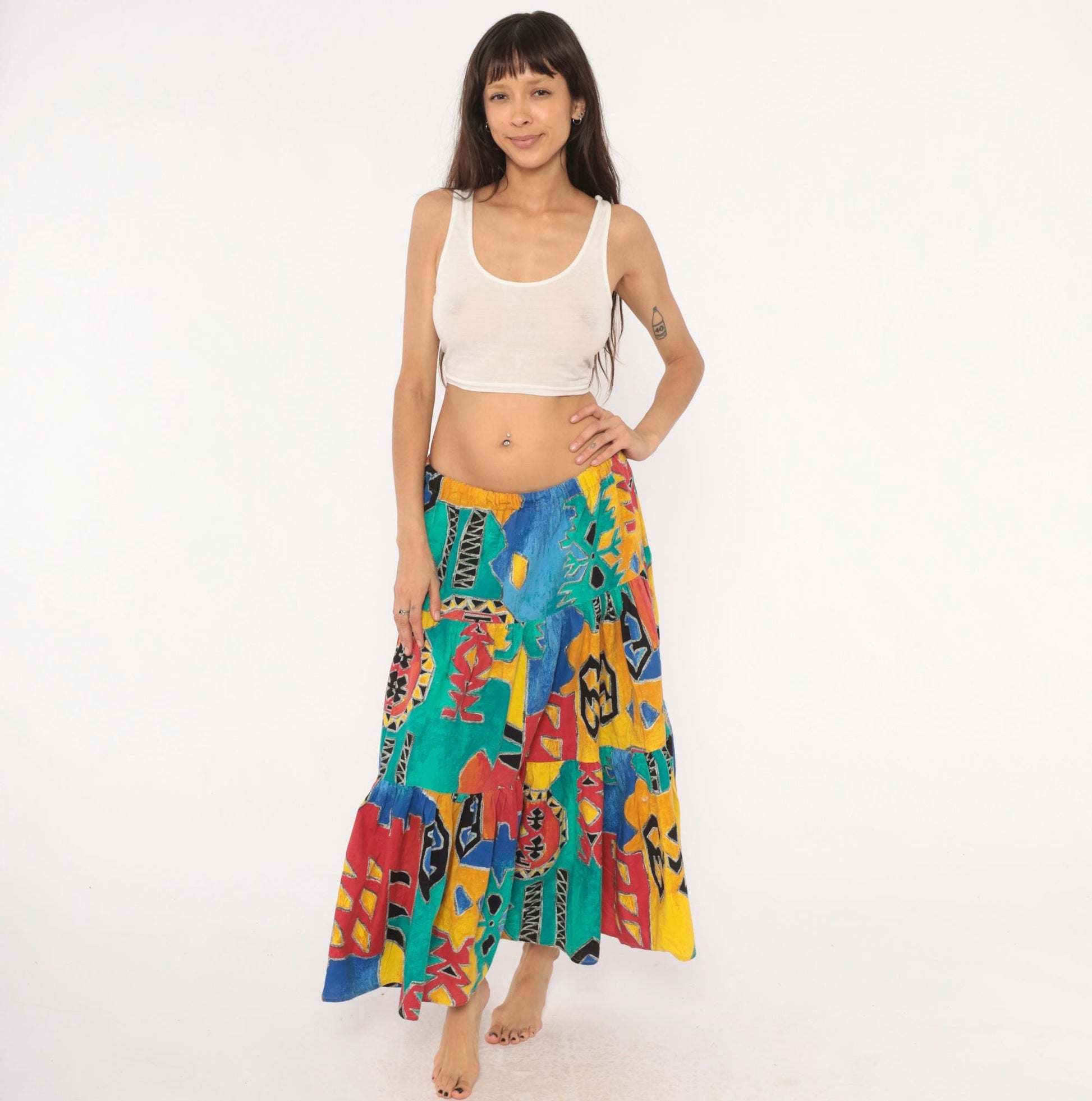 90s Tribal Print Maxi Skirt Teal Red Yellow Blue Tiered Cotton One Size