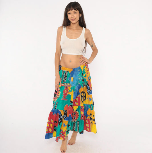 90s Tribal Print Maxi Skirt Teal Red Yellow Blue Tiered Cotton One Size