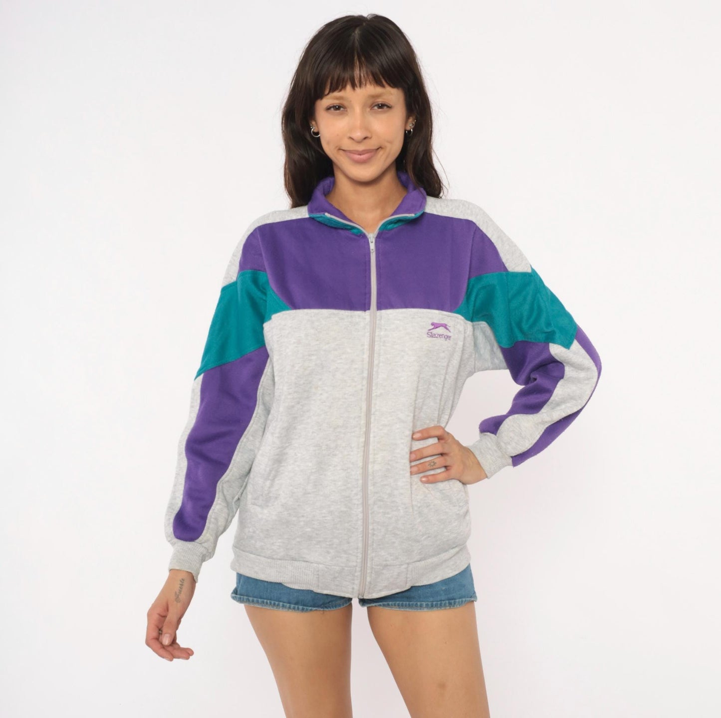 80s Slazenger Colorblock Zip Sweatshirt Purple Grey Teal Small