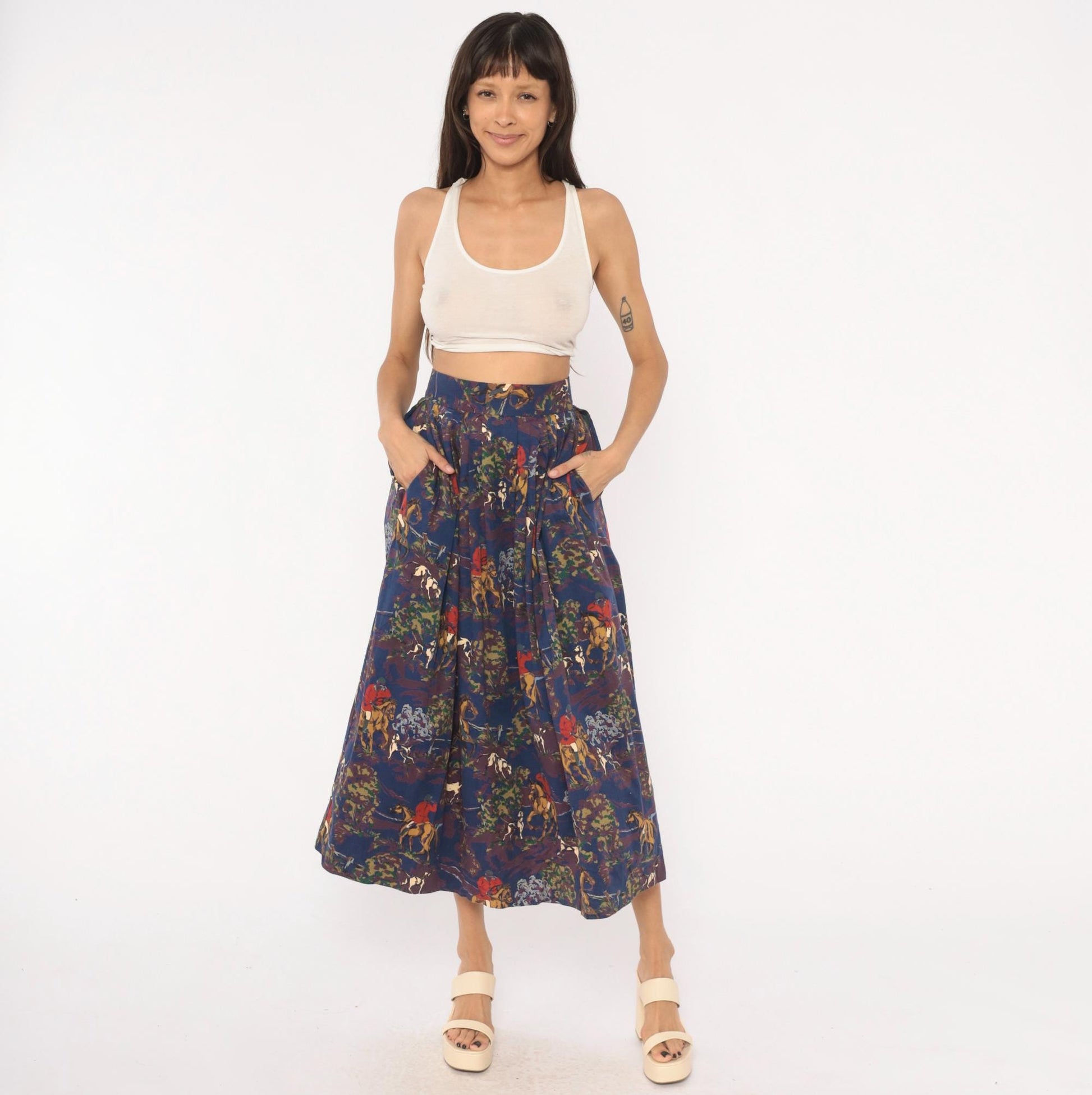 90s Breeches Equestrian Hunt Scene Midi Skirt Navy Purple Pleated Cotton Extra Small XS