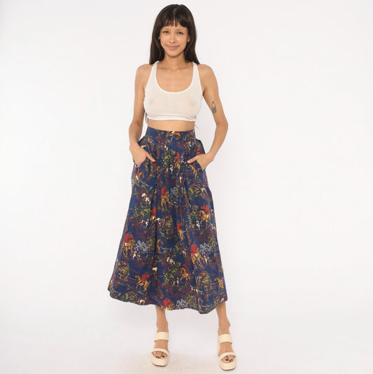 90s Breeches Equestrian Hunt Scene Midi Skirt Navy Purple Pleated Cotton Extra Small XS