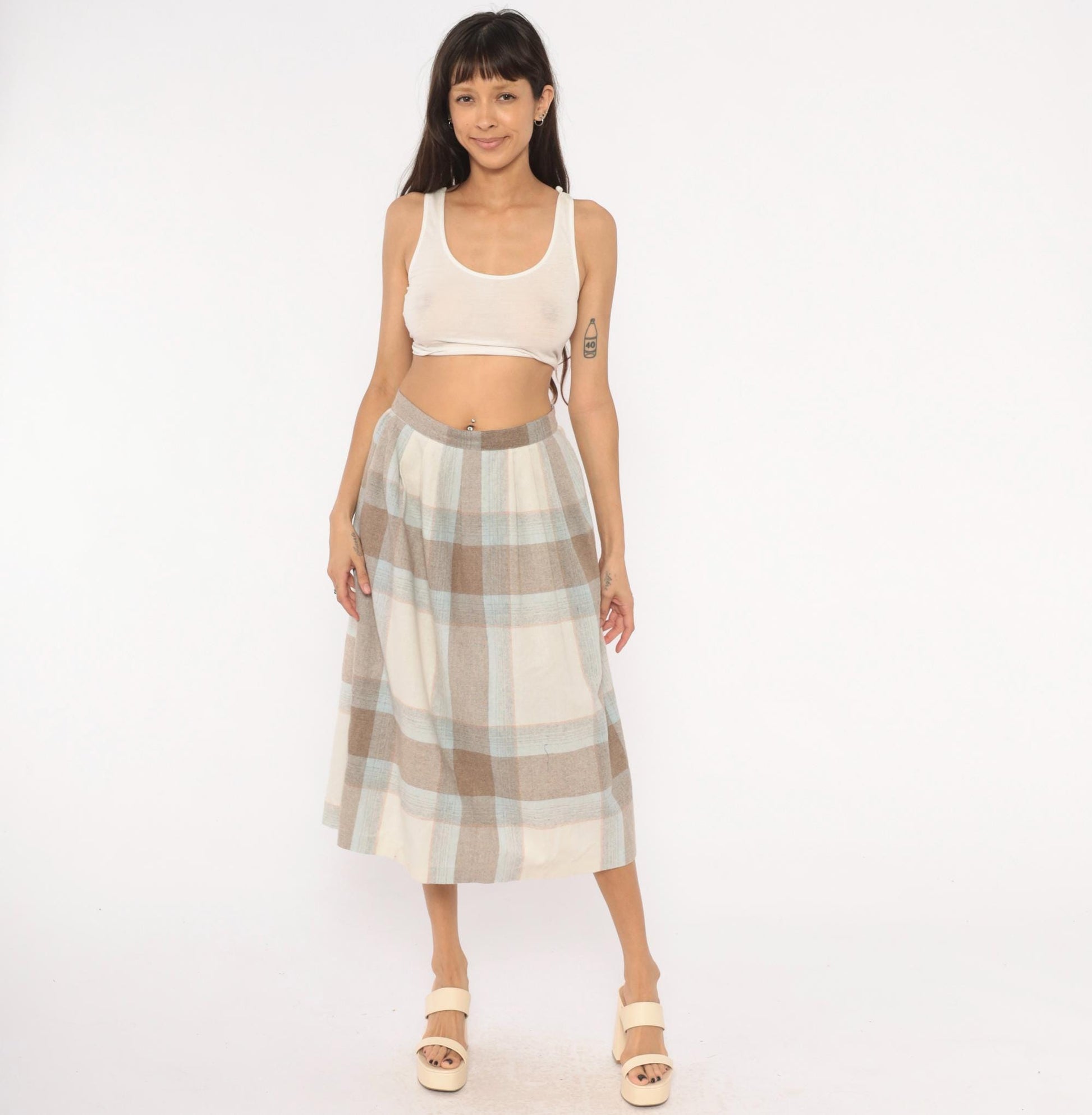 80s Wool Blend Plaid Midi Skirt Tan Cream Powder Blue Pleated Medium M