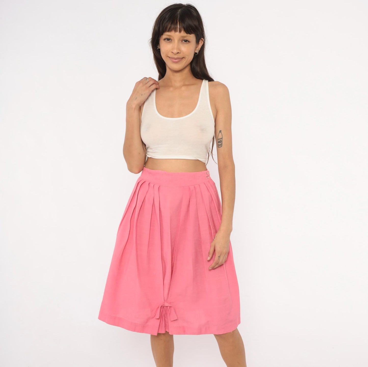 60s Pink Pleated Skirt High Waist Bubble Bow Tie Full Skirt Small