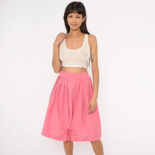 60s Pink Pleated Skirt High Waist Bubble Bow Tie Full Skirt Small