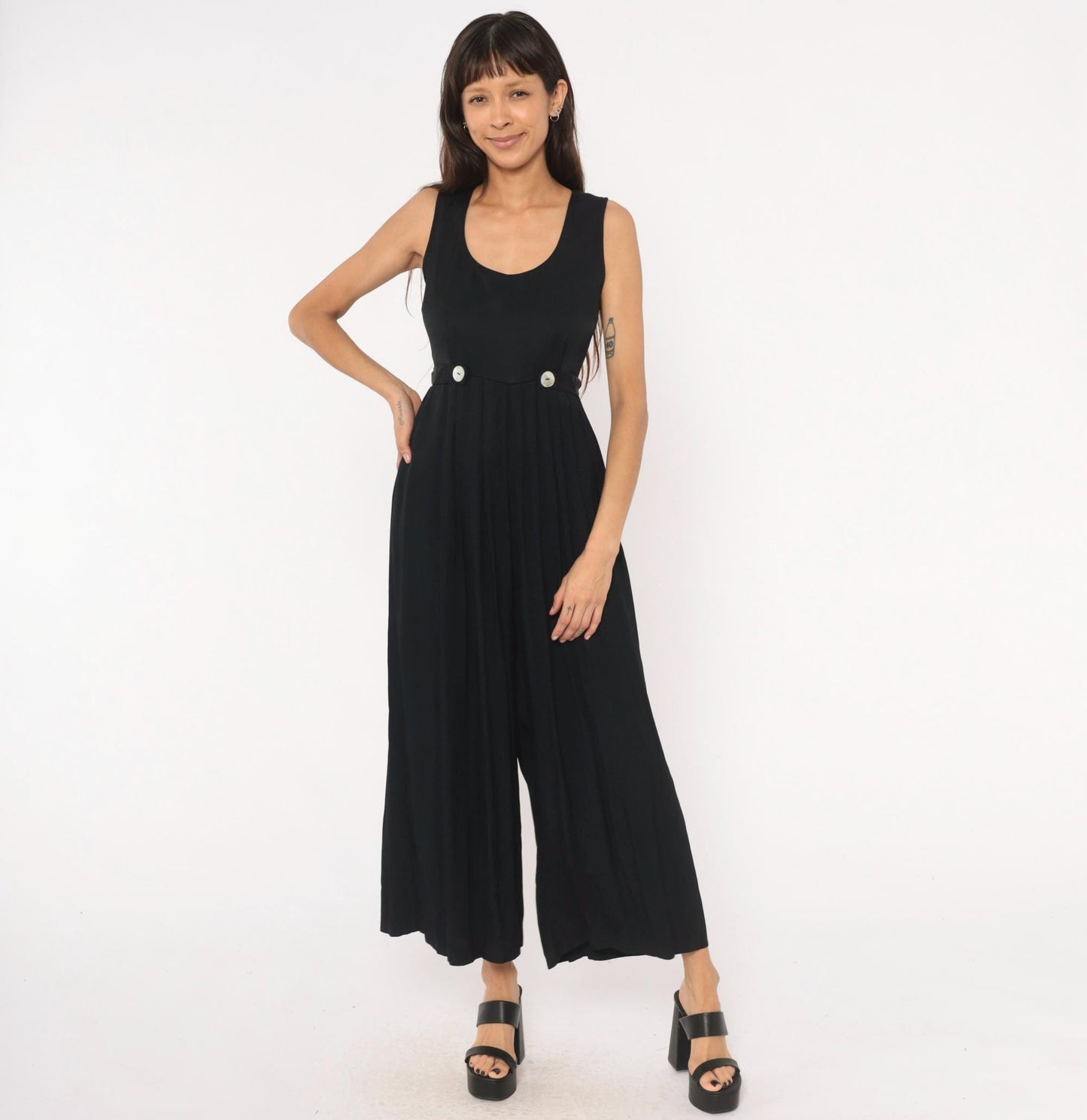 90s Jeffrey & Dara Black Wide-Leg Jumpsuit Pleated Waist Tie-Back Medium M