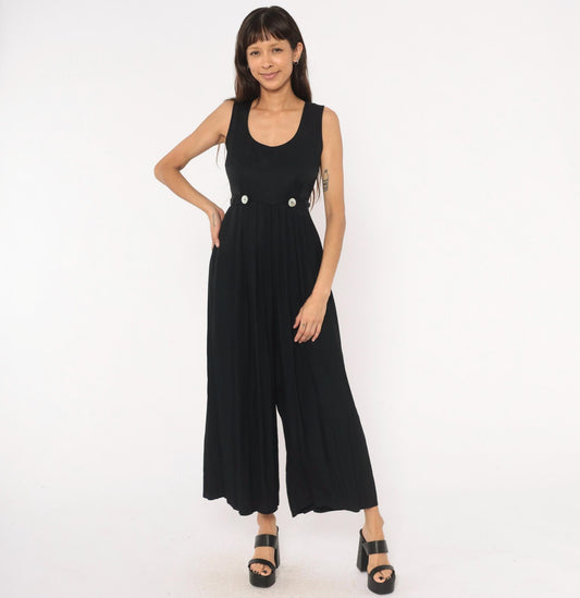90s Jeffrey & Dara Black Wide-Leg Jumpsuit Pleated Waist Tie-Back Medium M