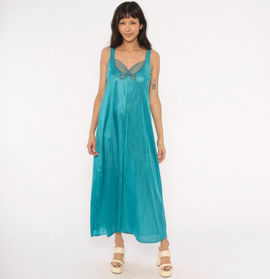 70s Undercover Wear Teal Maxi Nightgown Butterfly Mesh V-Neck Small