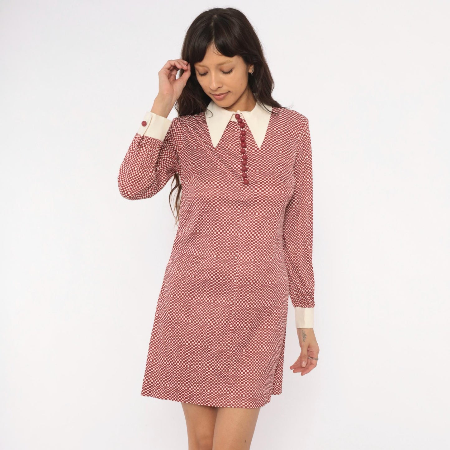 70s Patty Oneil Checkerboard Mini Dress Burgundy Cream Puff Sleeve Medium M