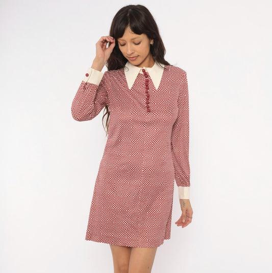 70s Patty Oneil Checkerboard Mini Dress Burgundy Cream Puff Sleeve Medium M