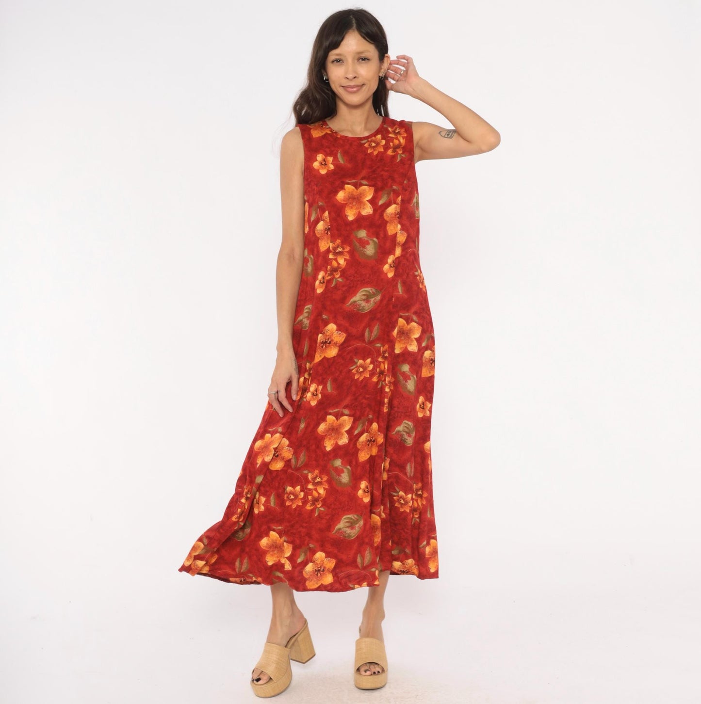 90s Olivia Rose Floral Maxi Dress Red Orange Sleeveless Keyhole Back Medium